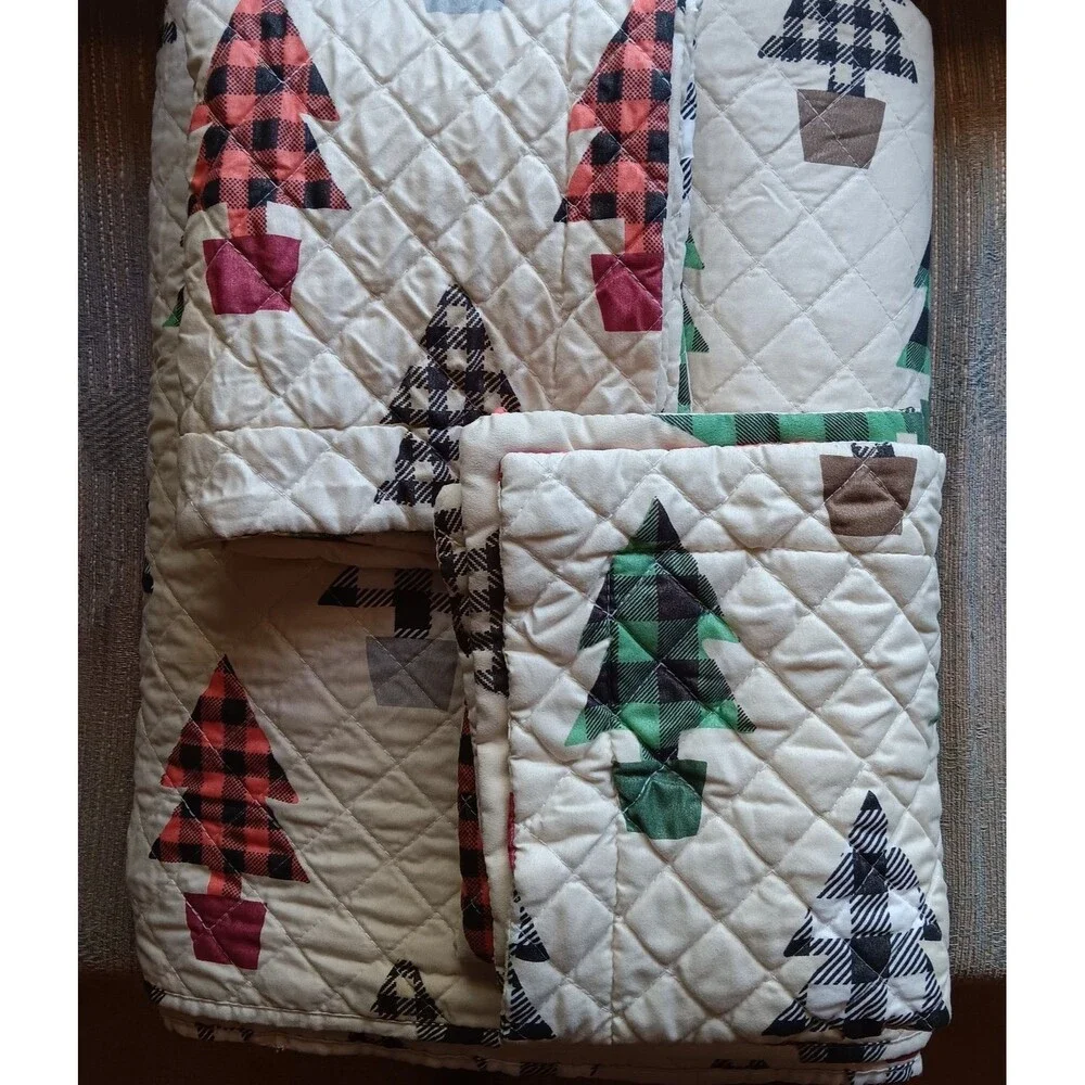 Spirit Linen Christmas Tree King Quilt and Pillow Shams Buffalo Checks 92x106